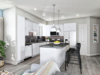 View of kitchen from living area at The Seaton in San Diego, CA